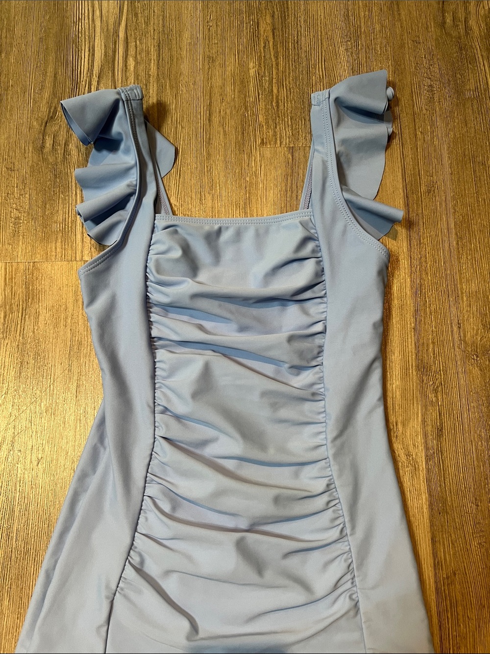 Light Blue Girls' One-Piece Swimsuit with Ruffled Straps- Size 10 - Picture 3 of 4